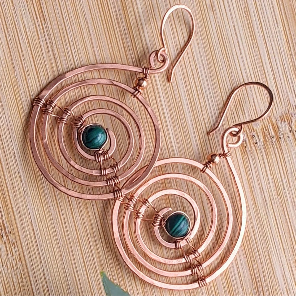 Industrial Urban Copper Spiral Earrings Natural Malachite Gems Earthy Bold - Picture 1 of 12